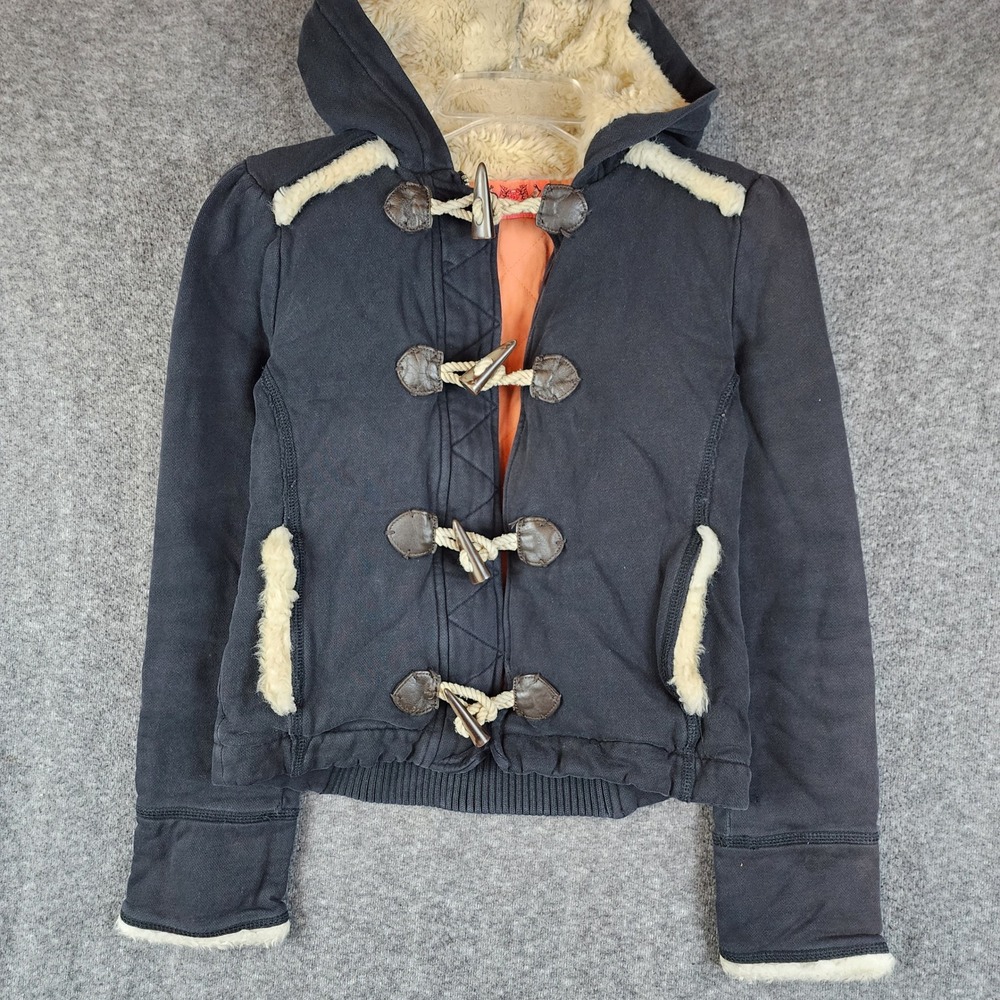 Juicy Couture Jacket Youth P Duffle Black Faux Fur Trim Toggle Hooded Good